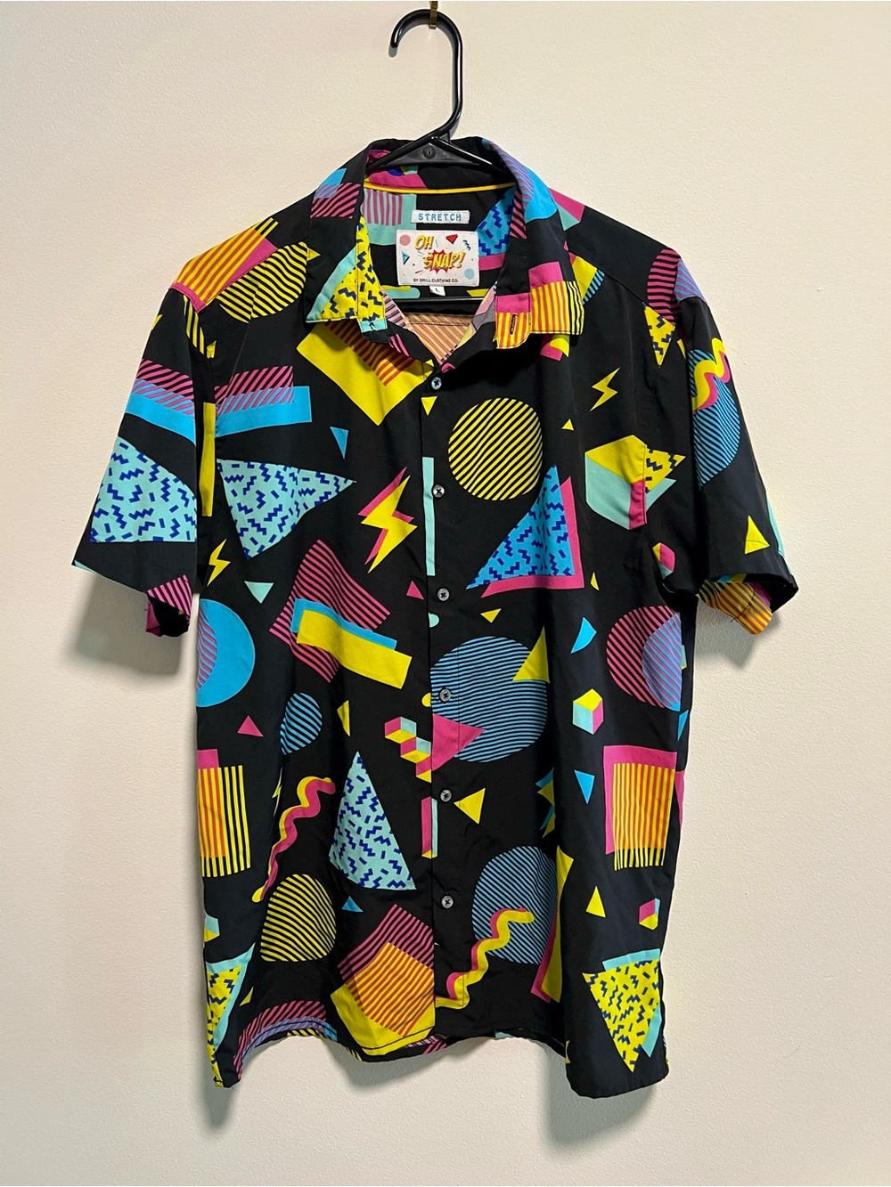 Snap Black Short-Sleeve Shirt with Yellow, Blue & Pink Geometric Print